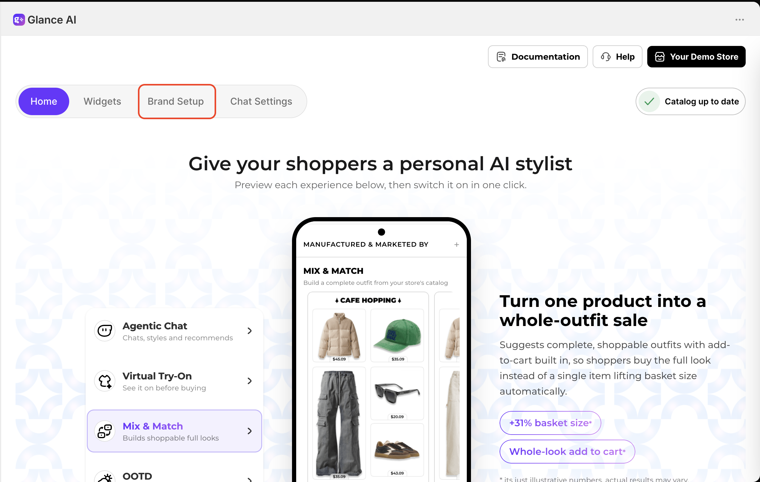 The top navigation on the Glance dashboard, with the Brand Setup tab