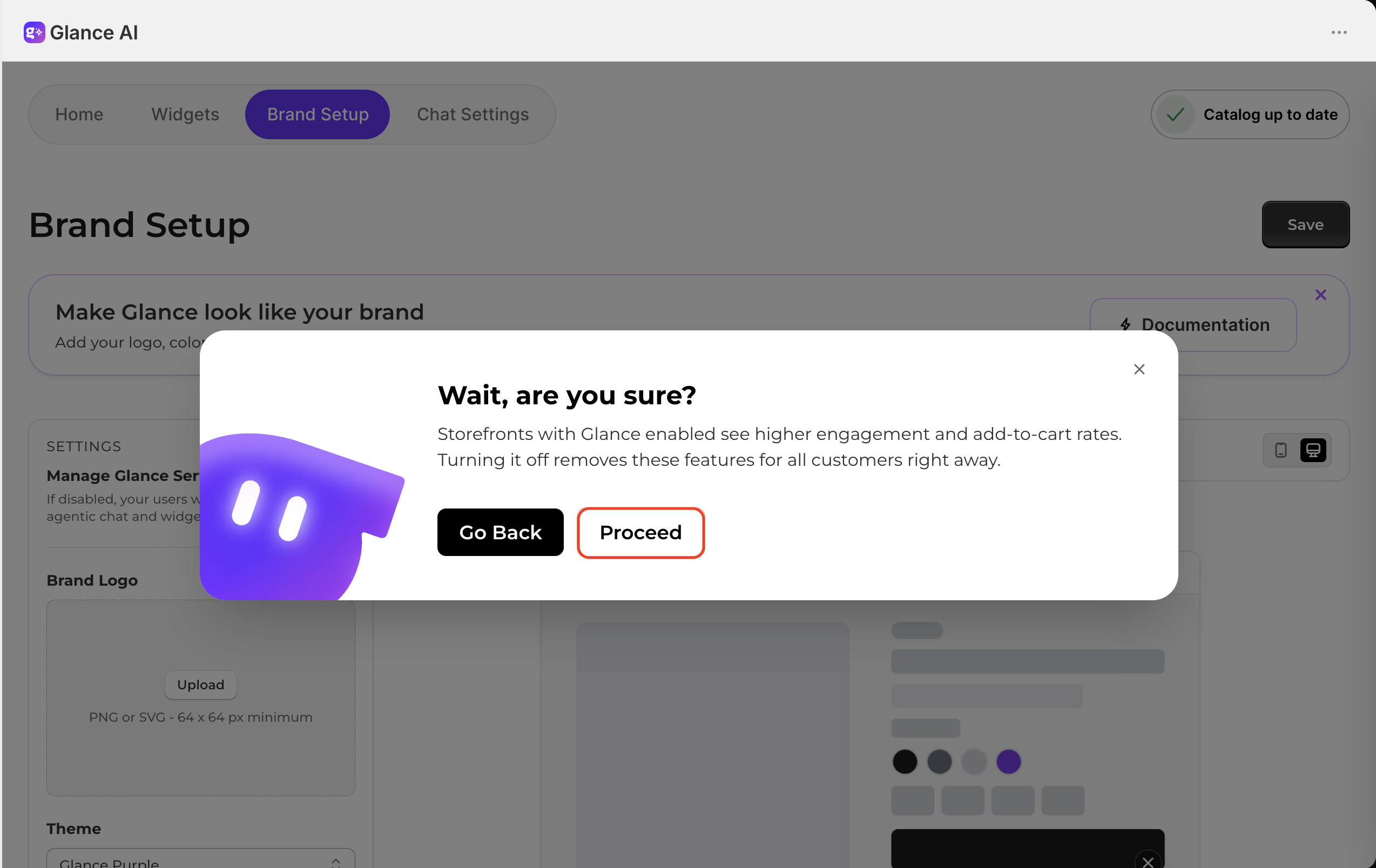 The Wait, are you sure? confirmation dialog with Go Back and Proceed