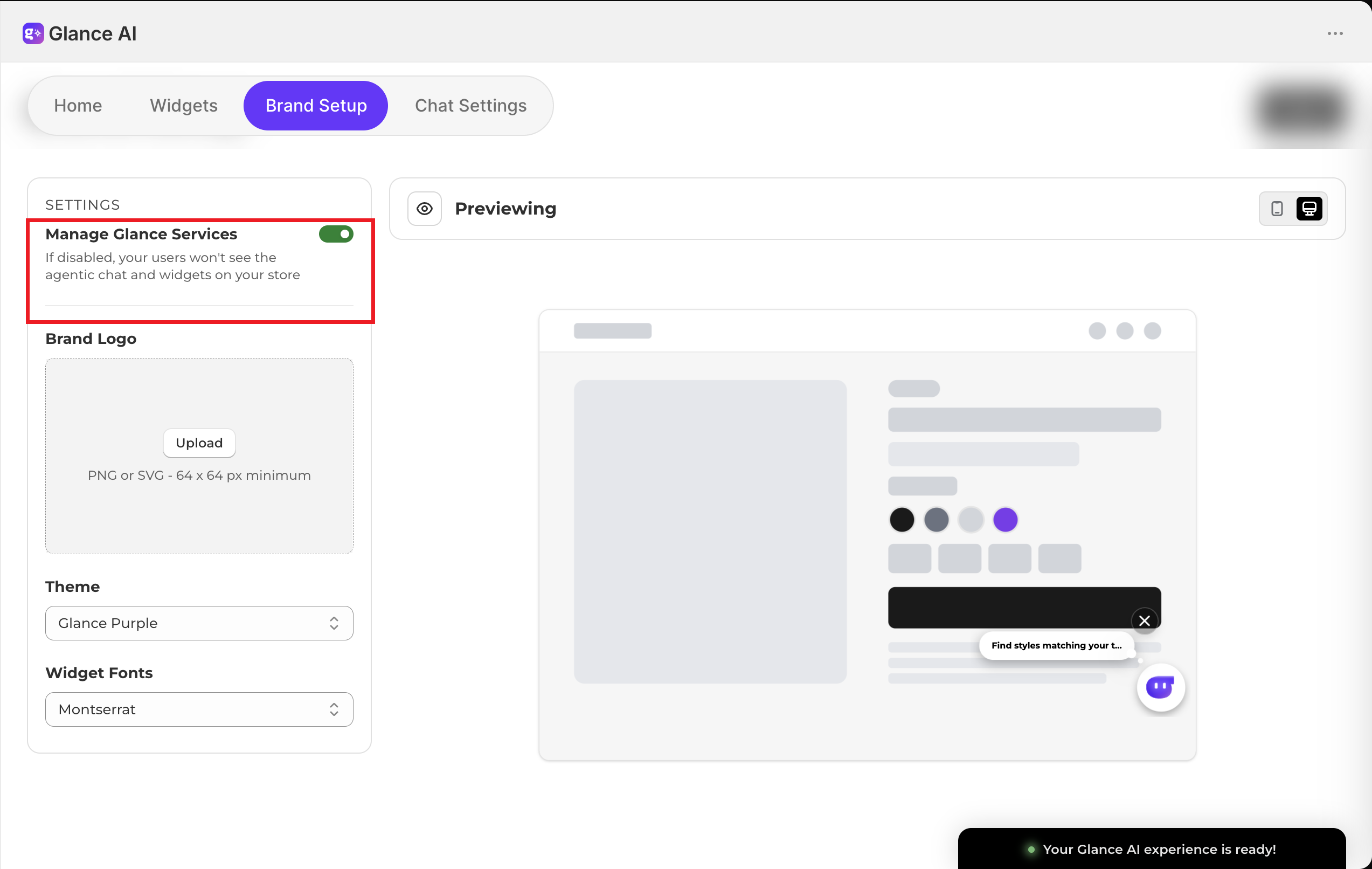 The Manage Glance Services toggle in the Brand Setup settings card