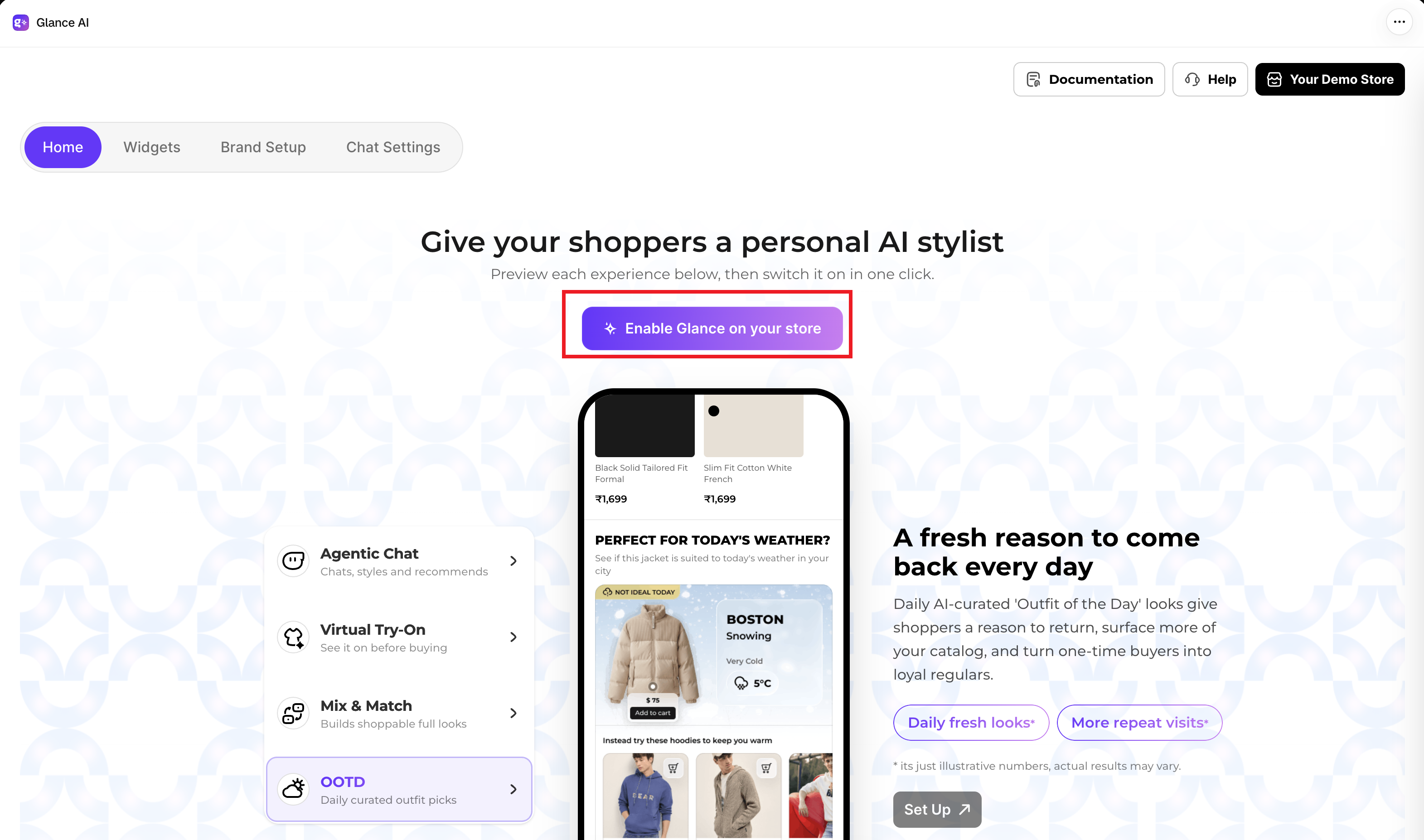 The Enable Glance on your store button on the home page