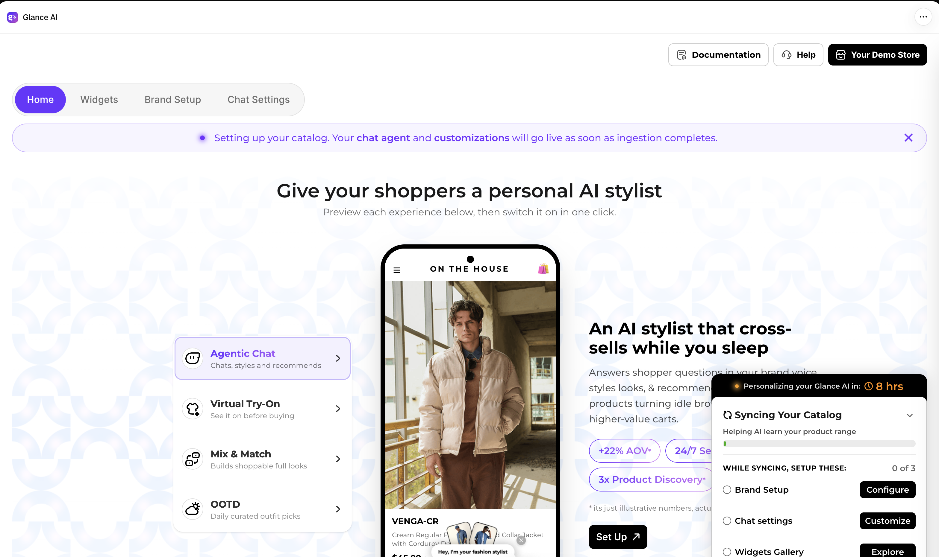 The syncing banner and the Syncing Your Catalog card with the setup checklist