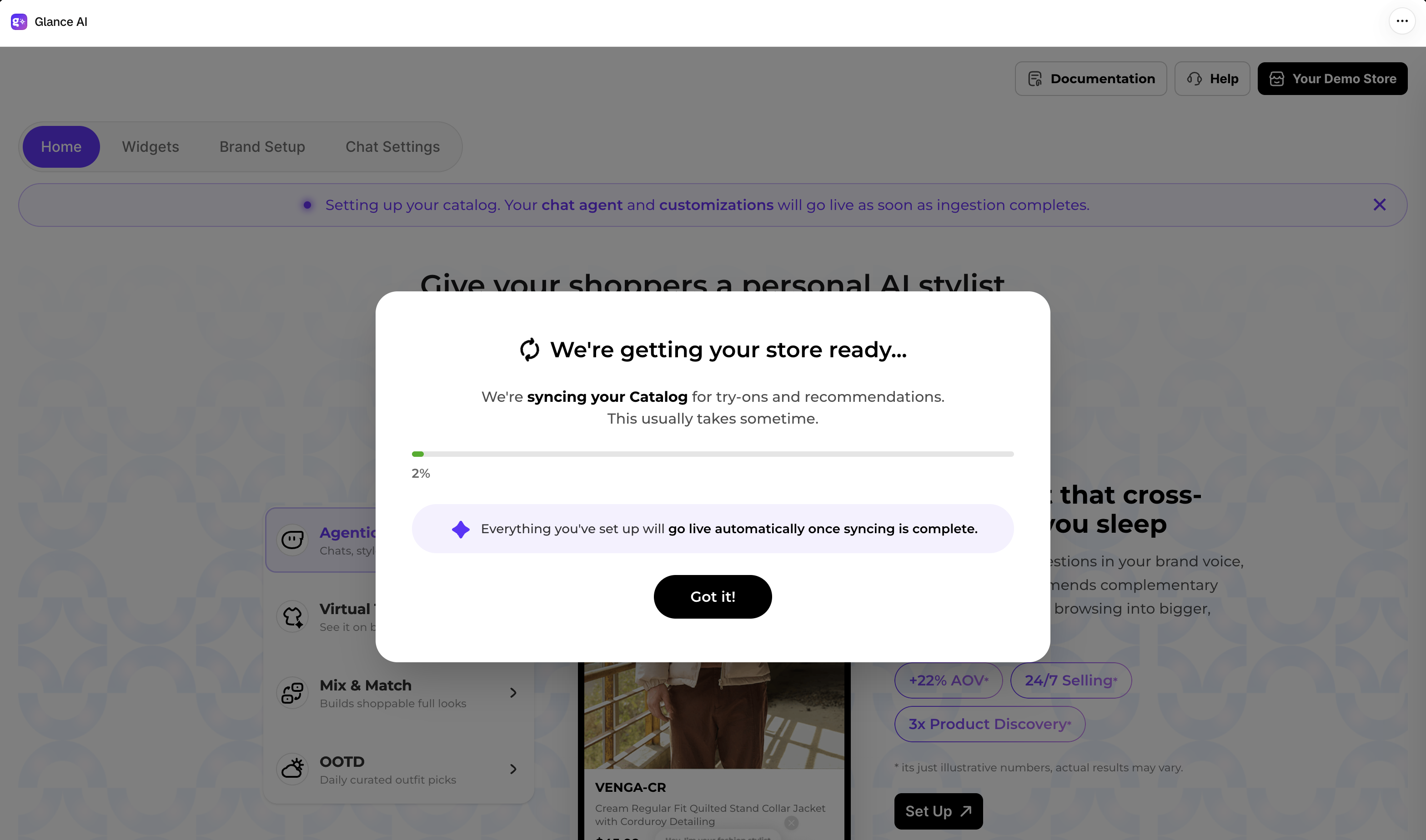The We're getting your store ready popup showing sync progress