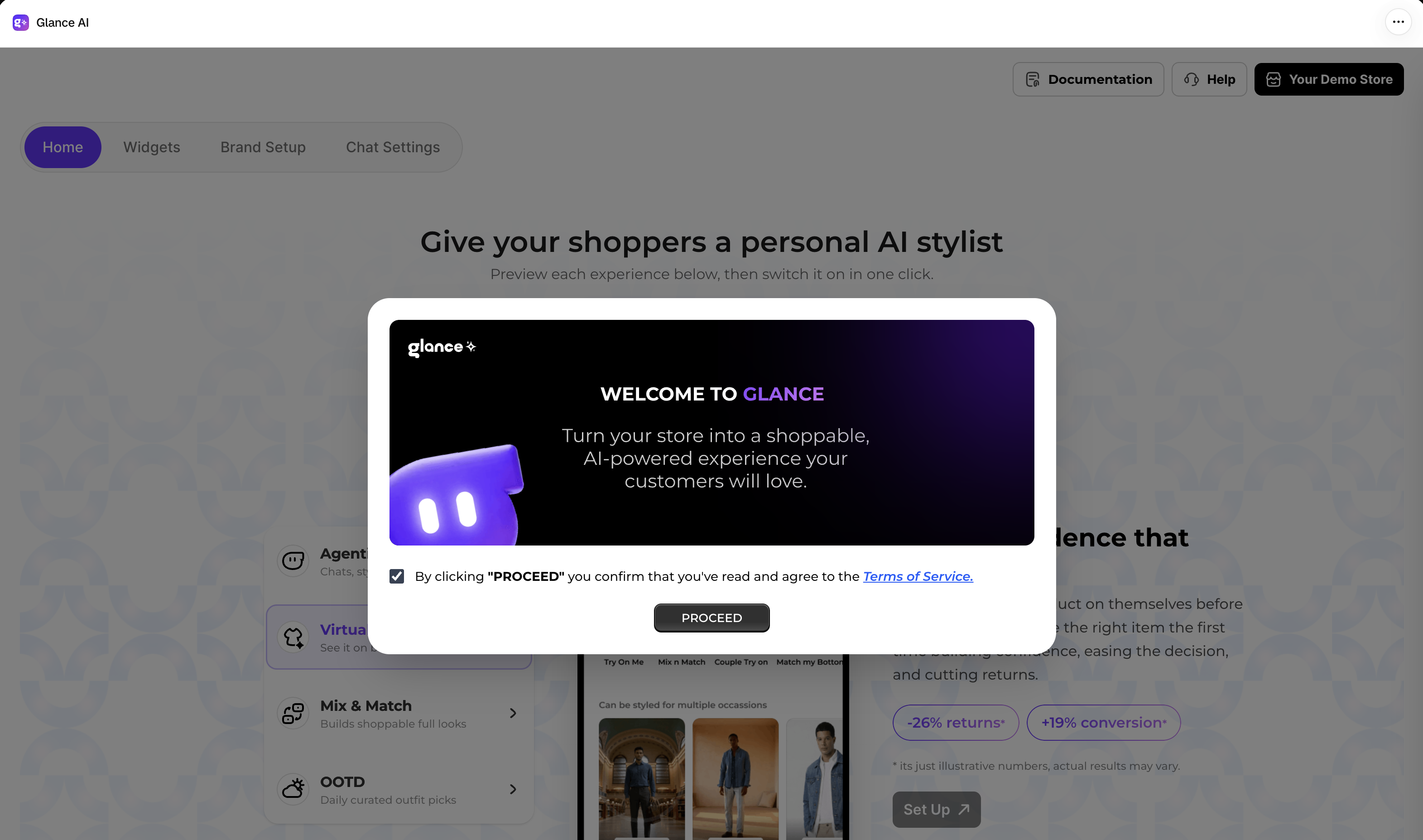 Welcome to Glance — review the Terms of Service and proceed