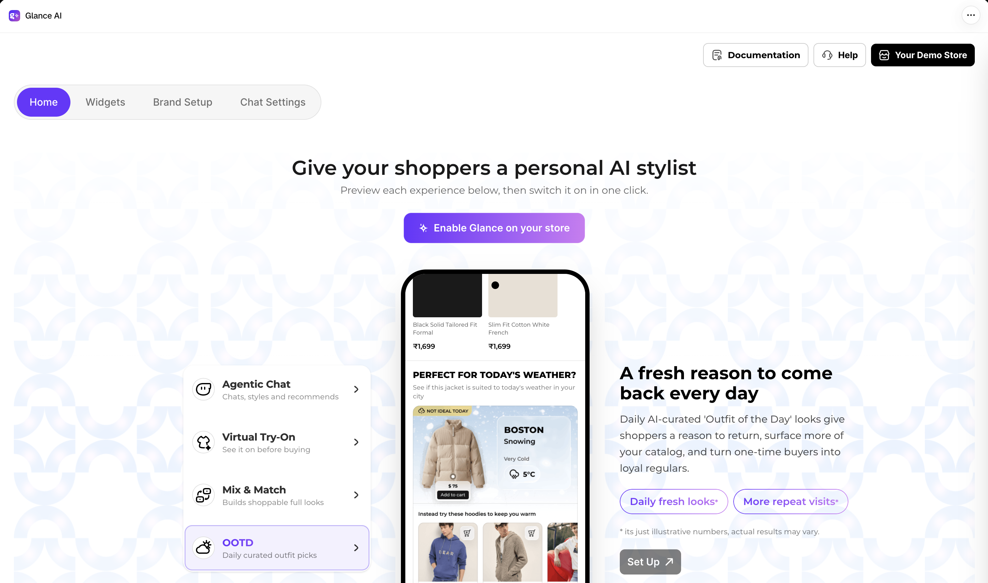 The top navigation bar — Documentation, Help, and Your Demo Store