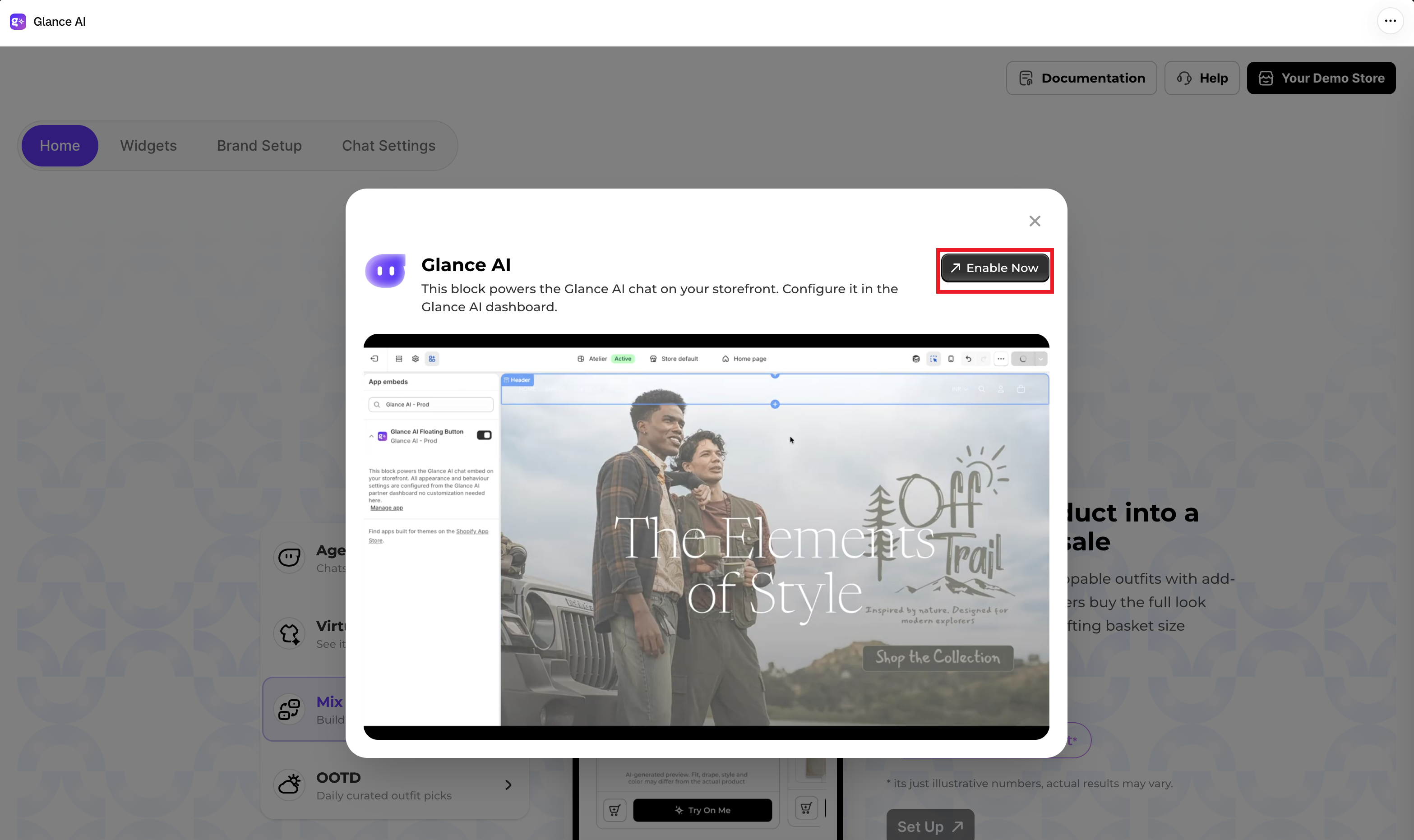 The Enable Now popup with a preview of the app embed