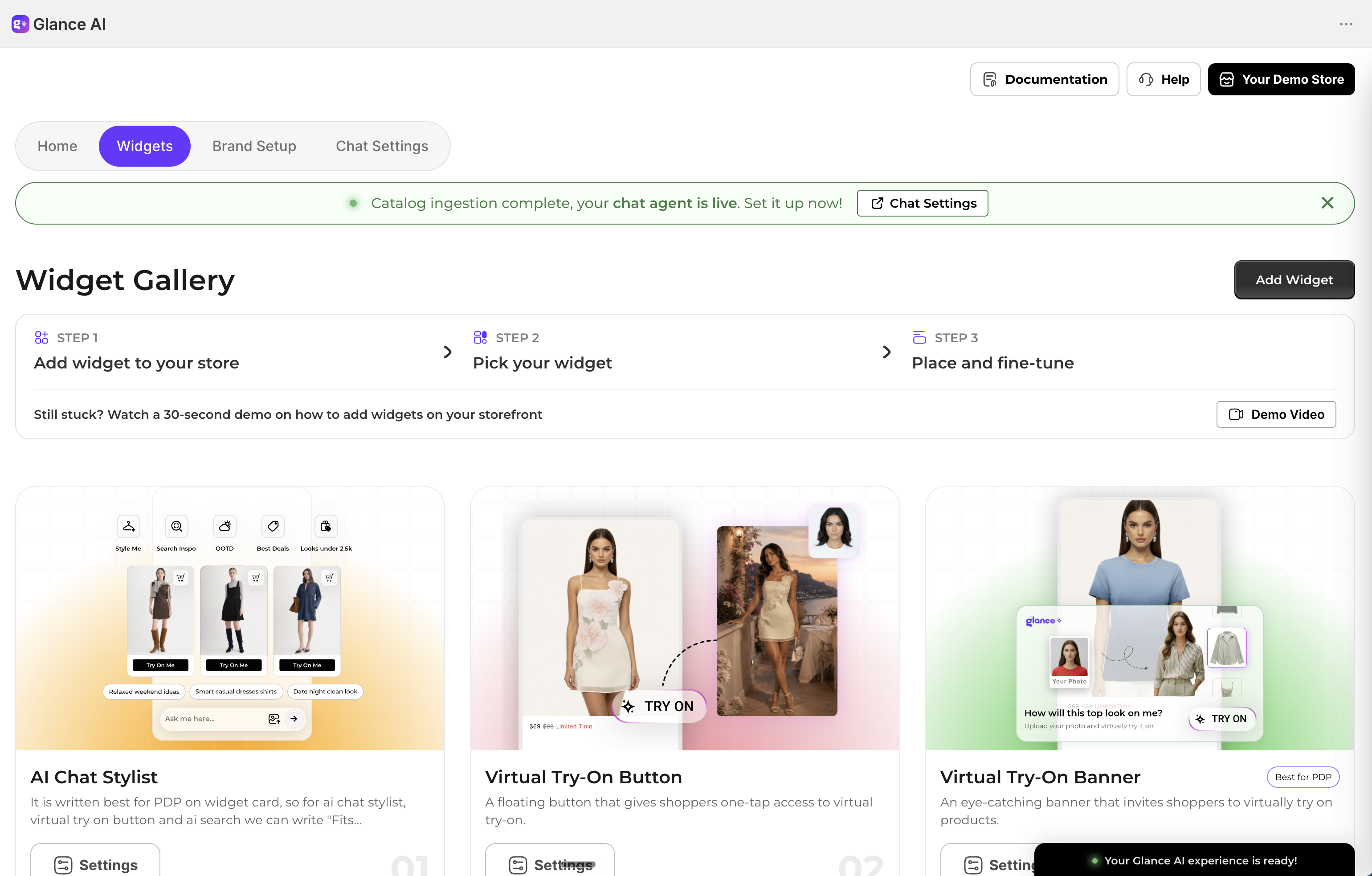 The widget gallery, with Add Widget and the three placement steps