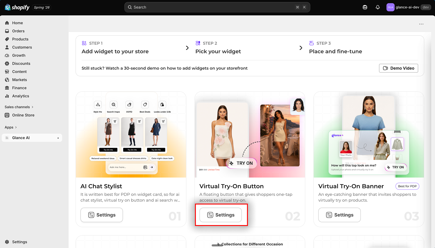 Open a widget's Settings from its gallery card