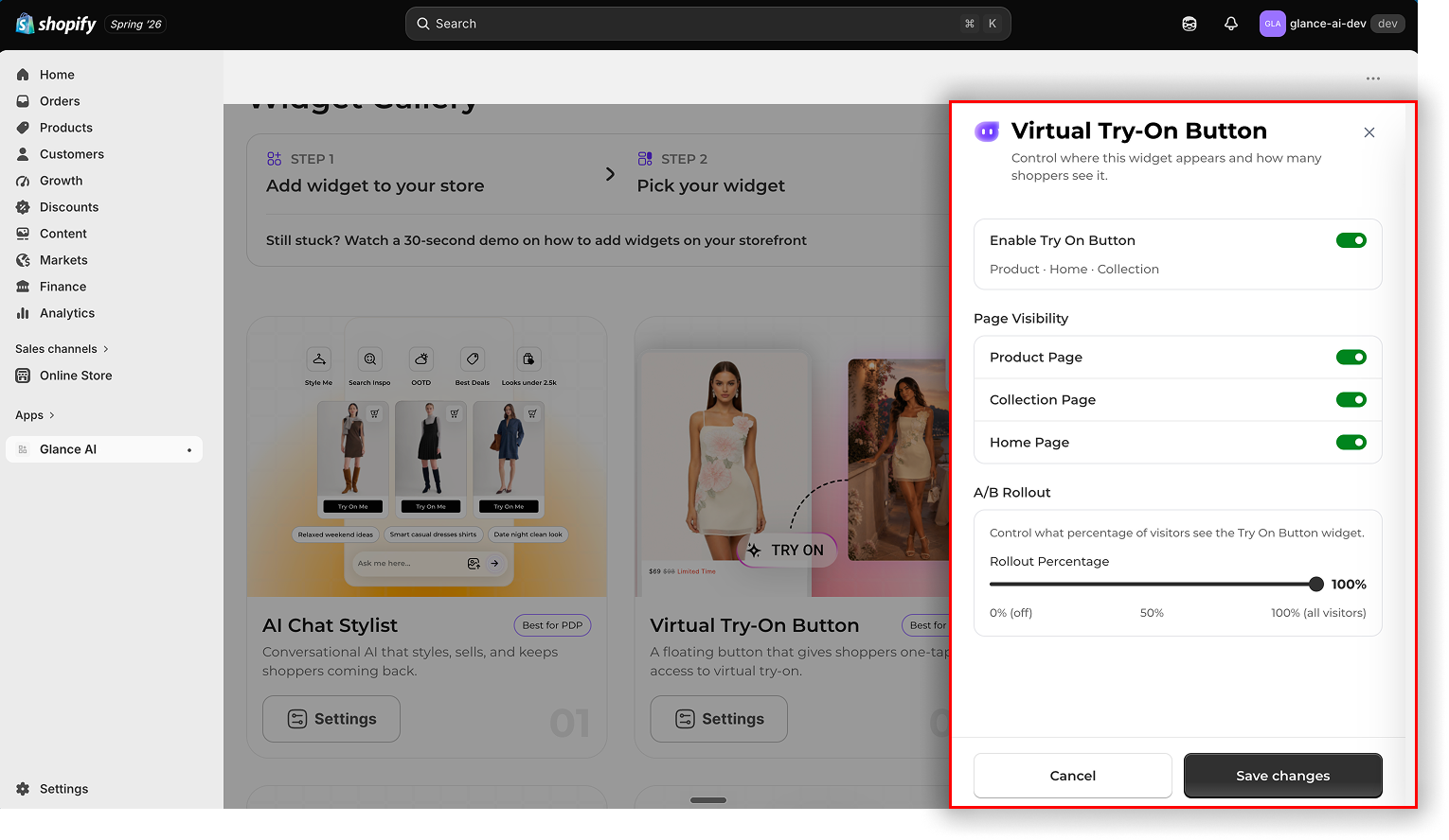 Configure page visibility and A/B rollout for the widget, then Save changes