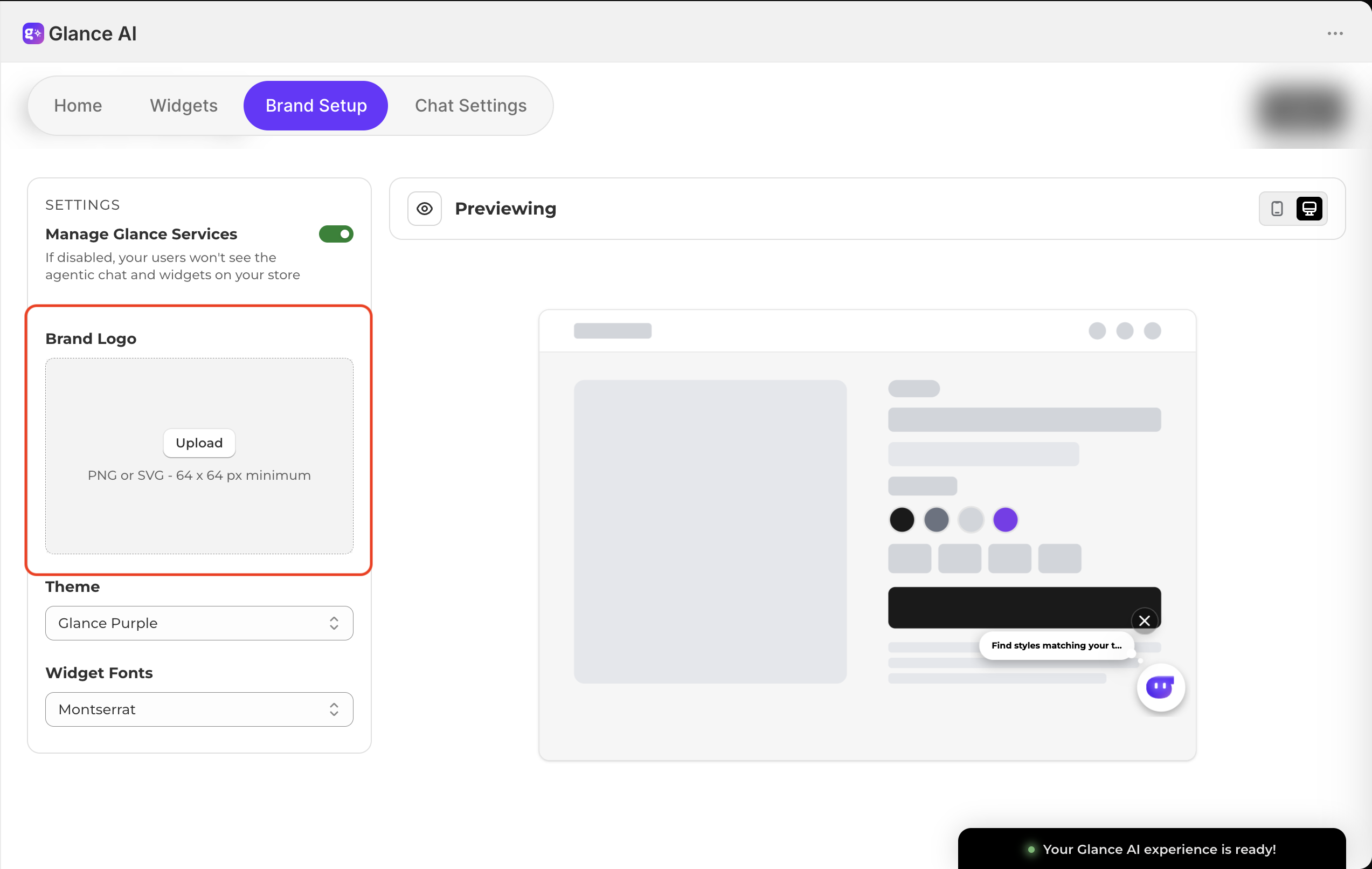 The Brand Setup settings card — Brand Logo upload, Theme, and Widget Fonts