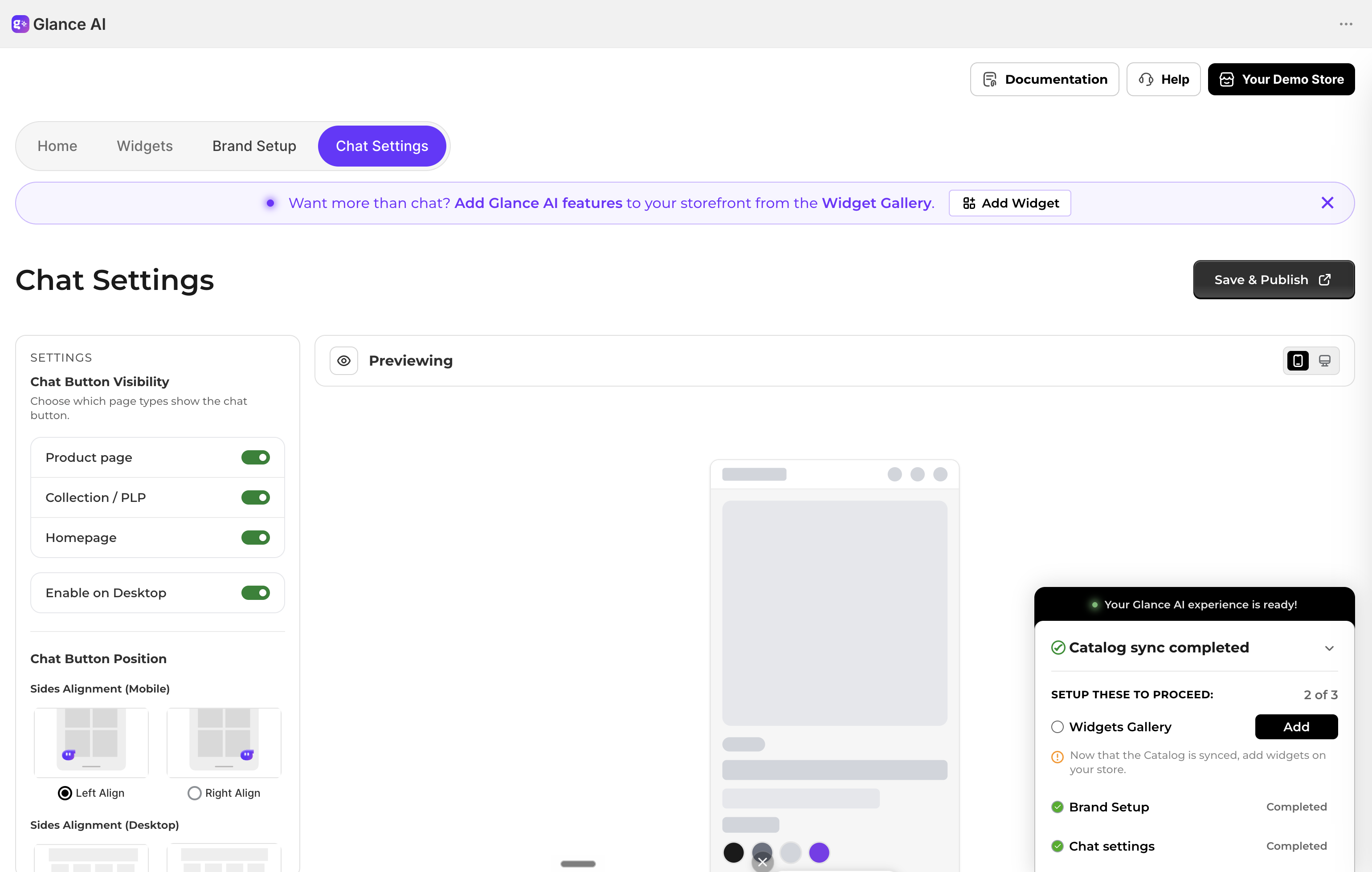 The Chat Settings page, with a live preview of your store on the right