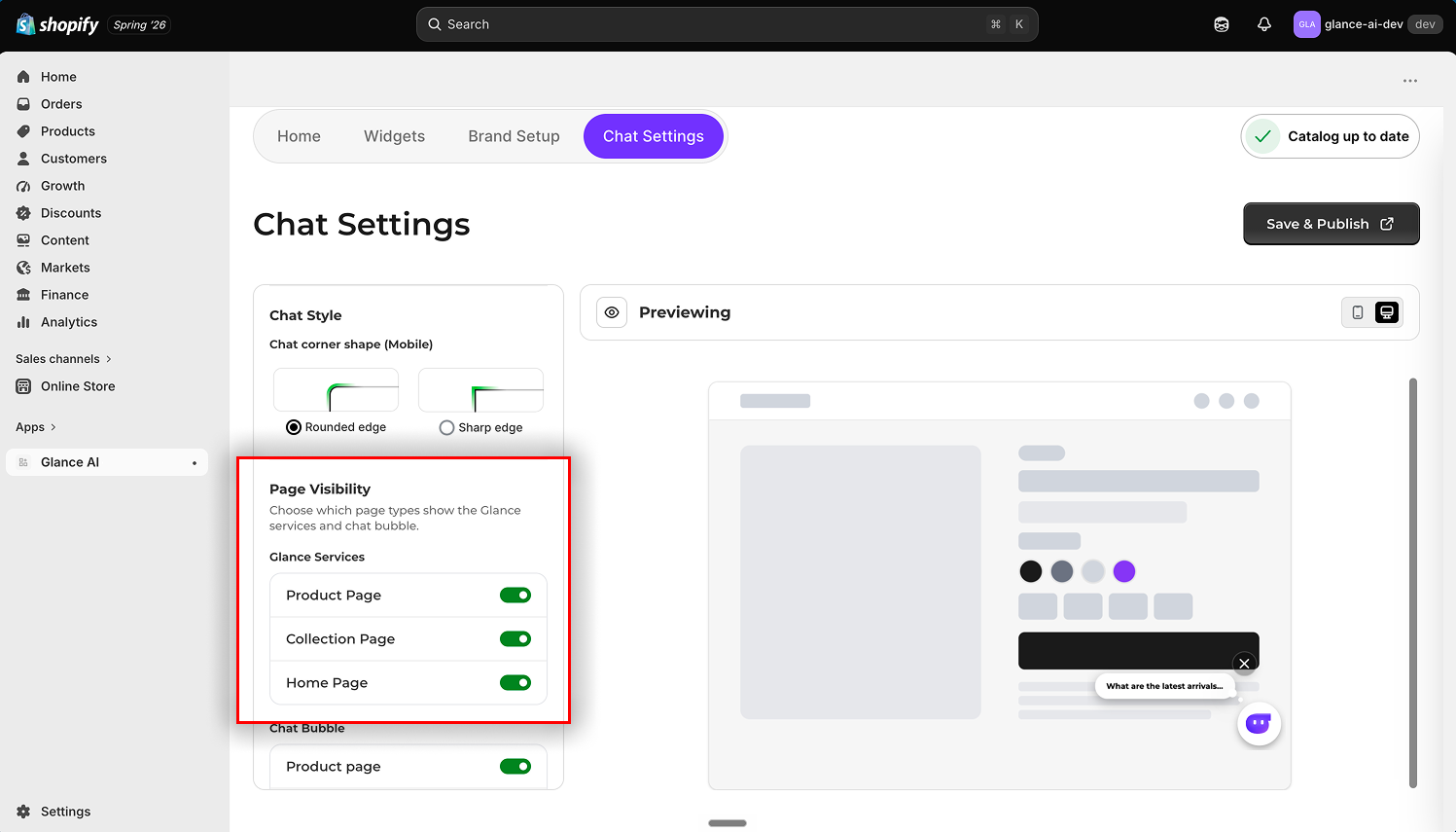 Page Visibility — Glance Services toggles for Product, Collection, and Home pages