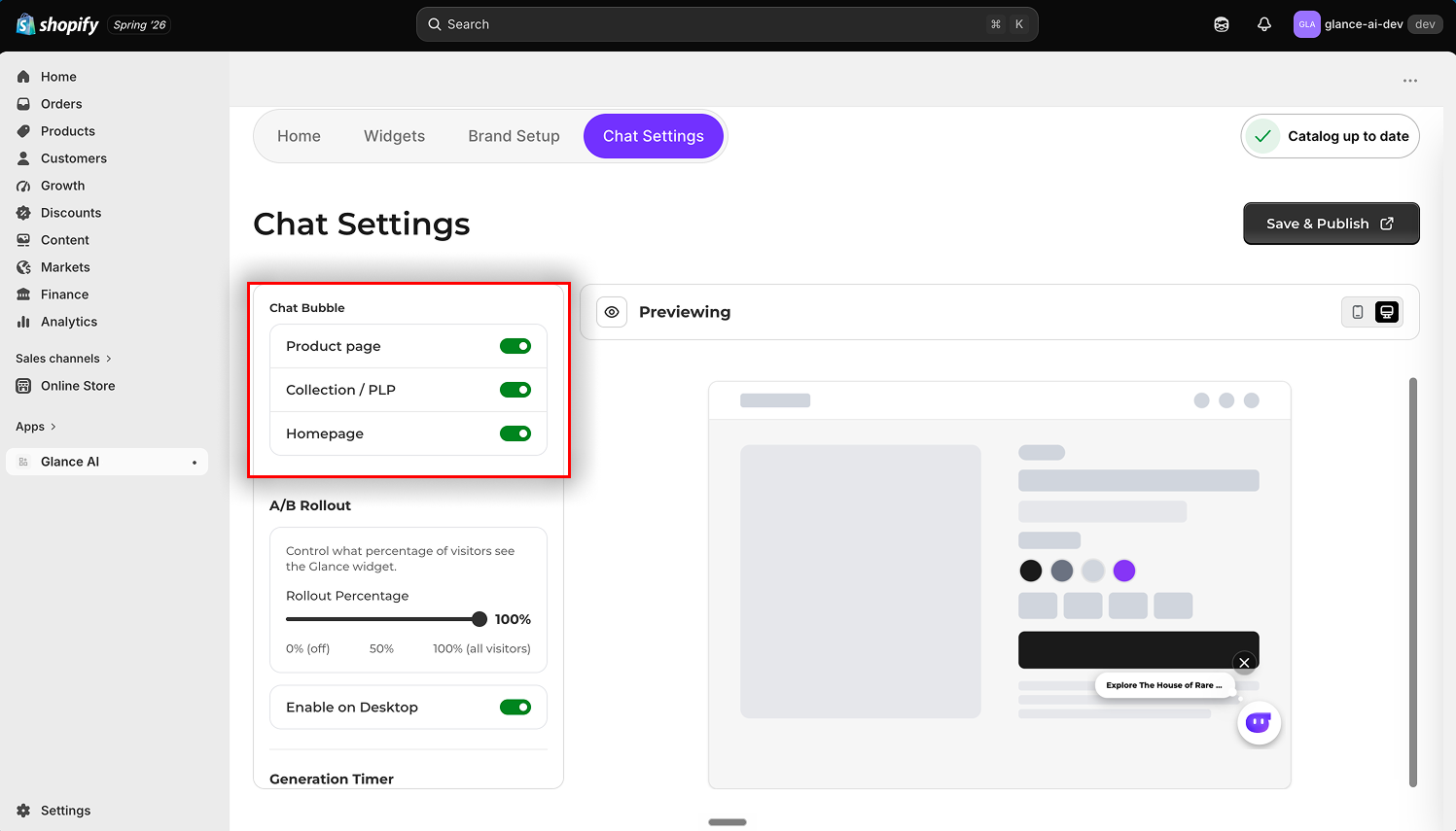 Chat Bubble toggles for Product page, Collection / PLP, and Homepage