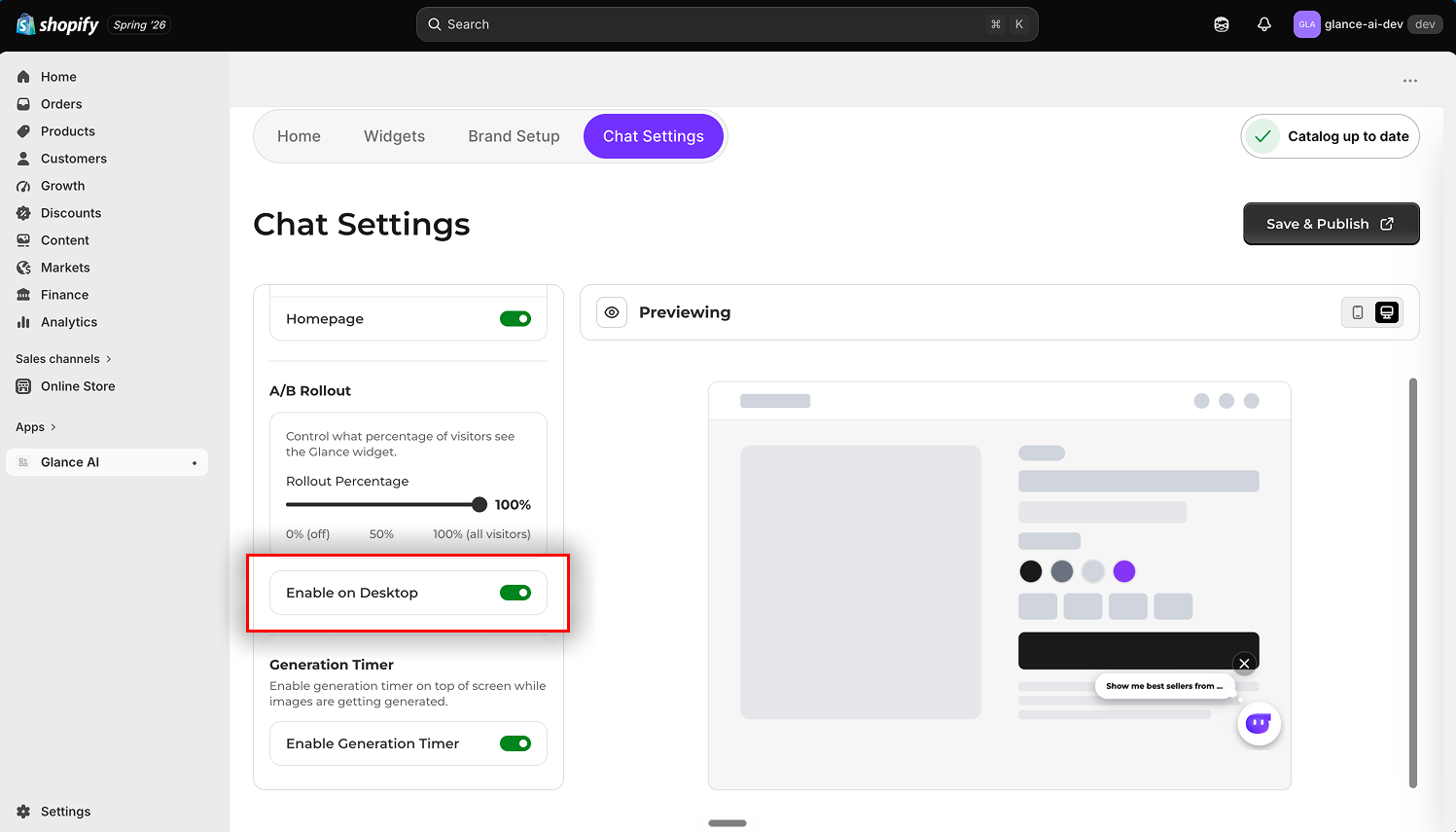 The Enable on Desktop toggle