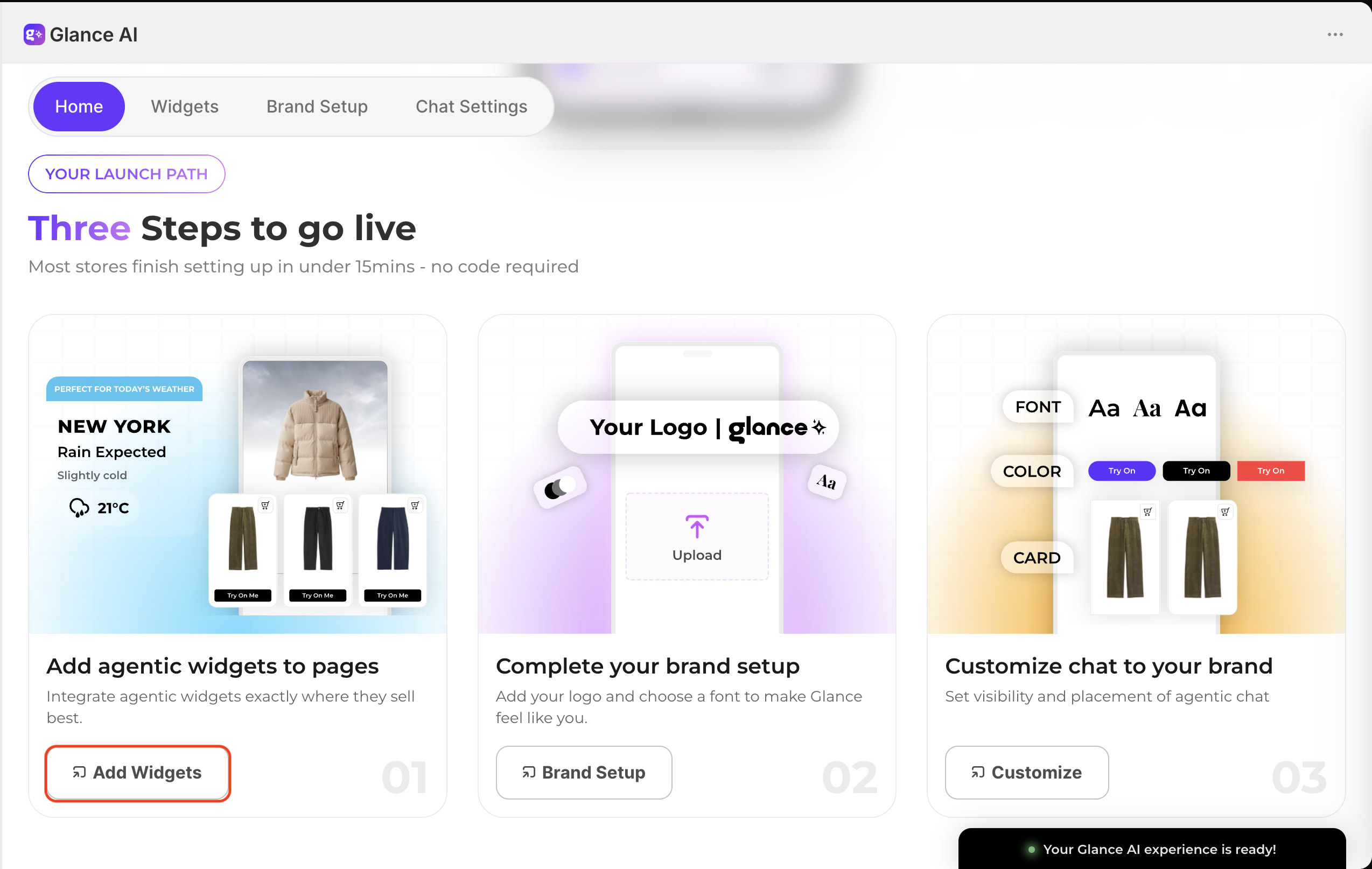 The three steps to go live — Add agentic widgets, complete your brand setup, and customize chat